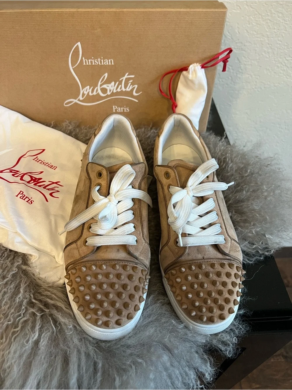 Christian Louboutin Brown Studded Lace-Up Sneakers with White Laces